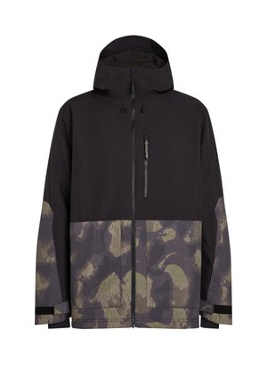 Wasserfeste Jacke in Schwarz mit einem Camouflage-Muster in Grün und Grau. Verfügt über eine Reißverschlusstasche, eine verstellbare Kapuze und elastische Bündchen.