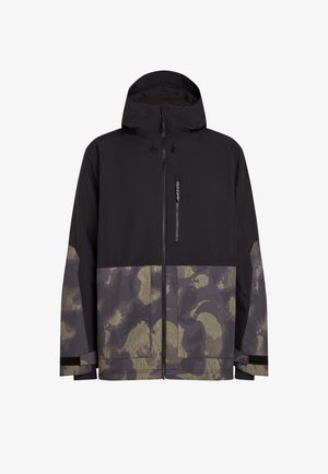 Waterproof jacket in black with a camo pattern in green and gray. Features a zippered pocket, adjustable hood, and elastic cuffs.