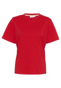 Tricou roșu din bumbac, cu mâneci scurte, decolteu rotund și o croială lejeră. Prezintă o textură moale și un design minimal fără modele vizibile.