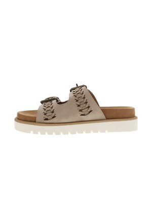 Light beige slip-on sandals with a textured, woven upper and a brown suede accent. Features a thick white sole and open design for breathability.