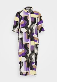 Robe midi à boutons avec manches courtes, col et motif géométrique abstrait dans des tons de violet, noir, beige et jaune.