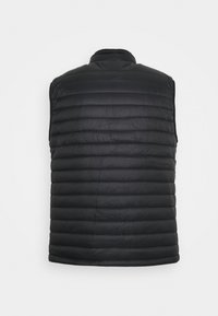 Gilet imbottito nero con motivo a trapunta, dotato di collo alto e senza maniche. Realizzato in materiale leggero e resistente all'acqua.