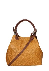 Geel reliëf handtas met bloemmotieven, bruine leren handvatten, een afneembare schouderriem en een gestructureerd model.