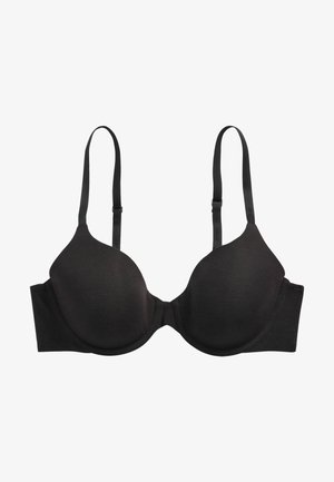 Zwarte push-up beha met gevormde cups, verstelbare bandjes en een gladde structuurstof. Kenmerkt een naadloos ontwerp en haak-en-oogsluiting op de rug.