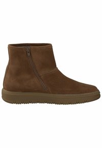 Brune ruskinds ankelstøvler med en sidelukning og en tekstureret gummisål. Har et minimalistisk design og en glat, mat overflade.