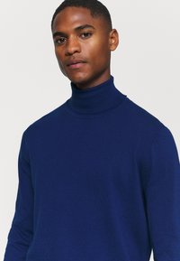 Navyblauer Rollkragenpullover aus geripptem Strickstoff, mit langen Ärmeln und taillierter Passform, die eine glatte Textur betont.