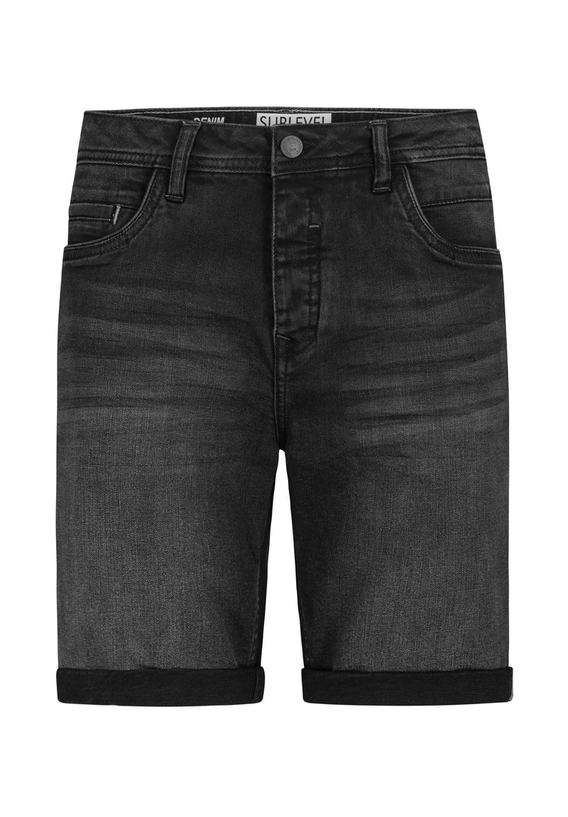 Black denim shorts with rolled cuffs, five pockets, and a button closure. The fabric has a smooth texture and slight fading.