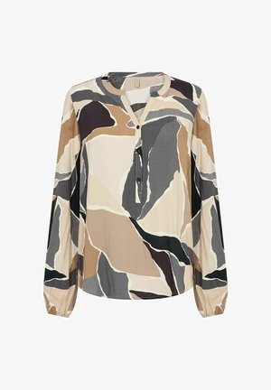 Pikad varrukad blouse varieeritud abstraktse mustriga beeži, pruuni, musta ja halli toonis, ümmargune kaelus ning nööbiplokk ees.