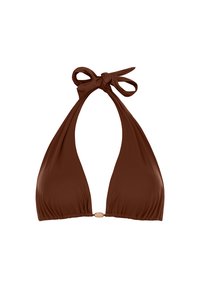 Brązowy bikini typu halter z wiązaniem i centralnym detalem metalowym. Wykonany z gładkiego materiału o krzyżowej konstrukcji miseczek.