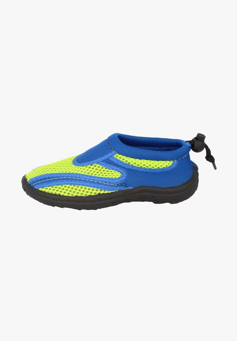 Chaussure d'eau pour enfant avec tige en néoprène bleu, panneaux en mesh jaune, lacet noir réglable et semelle en caoutchouc noir texturé.