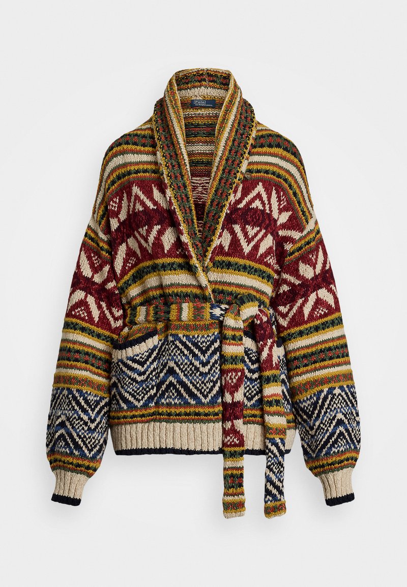 Pletený svetr s vícebarevným geometrickým vzorem, sálovou límcovou, dlouhými rukávy a páskem v pase. Obsahuje bohaté odstíny červené, modré a krémové.