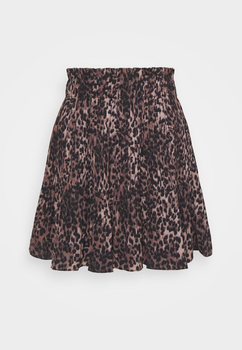 Gonna mini a vita alta plissettata con stampa leopardata in tonalità di marrone e nero su uno sfondo bianco.