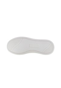 White rubber sneaker sole, featuring a textured pattern with circular and linear grooves. Includes a rectangular logo detail in the center.
