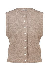 Gilet sans manches beige avec un col arrondi, comportant une fermeture à boutons et une texture côtelée. Cinq boutons blancs descendent le long du centre.