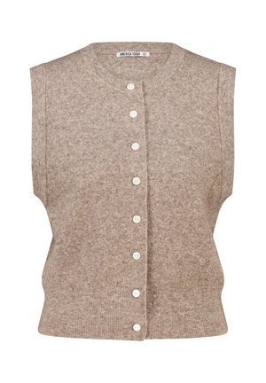 Beige, sleeveless cardigan with a rounded neckline, featuring a button front and ribbed texture. Five white buttons run down the center.