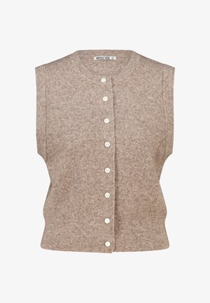 Beige ärmellose Strickjacke mit runder Halsausschnitt, ausgestattet mit einer Knopfleiste und gerippter Textur. Fünf weiße Knöpfe verlaufen in der Mitte.