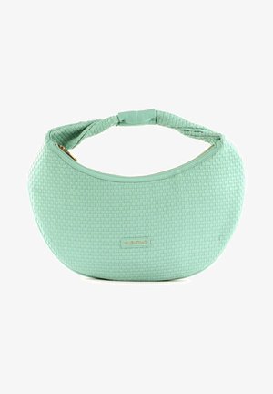 Sac à main vert menthe avec une texture tissée, forme arrondie et une anse nouée. Dispose d'une fermeture éclair et de détails en métal doré.