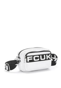 White crossbody bag with black zip and adjustable strap, featuring a bold black and white logo on the front. Smooth material with a rectangular shape.