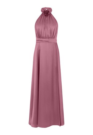 Mauve satijnen halterjurk met geplooide taille, getailleerde taille en roosvormige kraagdetail, vloerlange vloeiende rok.