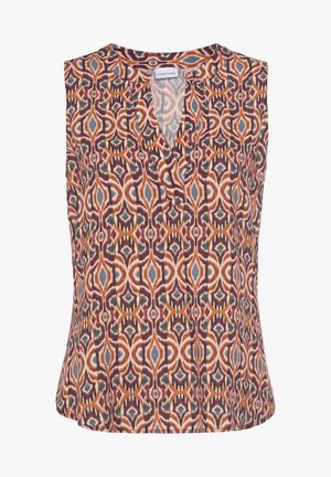 Ärmellose Bluse mit V-Ausschnitt, mit einem komplexen geometrischen Muster in den Farbtönen Orange, Blau, Braun und Creme.