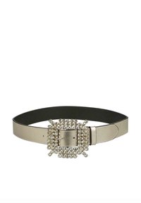 Centură metalică cu un suport larg negru și o cataramă argintie mare, embellizată, cu pietre strass dispuse într-un model floral.