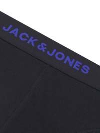 Boxer ajustados de algodón negro con una amplia cinturilla elástica en la que está bordado "JACK & JONES" en azul. Textura suave y ajuste ceñido.