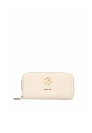 Portafoglio in pelle beige con zip su tutto il perimetro, logo dorato "G" e scritta "GATTINONI ROMA" sul davanti.