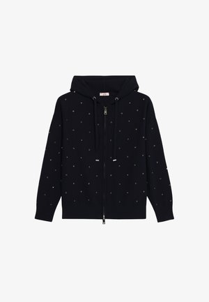 Marine blauwe zip-up hoodie van zachte stof, met een capuchon met koord en verspreide zilveren versieringen voor extra detail.