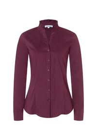Knopfleiste Damenbluse in tiefem Pflaumenfarbe mit langen Ärmeln, tailliertem Schnitt und gerafftem Stehkragen.