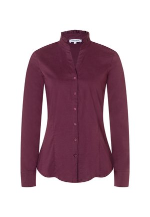 Knopfleiste Damenbluse in tiefem Pflaumenfarbe mit langen Ärmeln, tailliertem Schnitt und gerafftem Stehkragen.