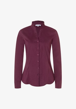 Blouse pour femmes à boutons, couleur prune profond, avec des manches longues, une taille cintrée et un col montant froncé.