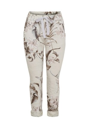 Kremfarvede bukser med snøre og opkrogede manchetter, med et afdæmpet brunt og gråt blomsterprint over det hele.