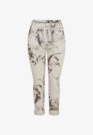 Kremfarvede bukser med snøre og opkrogede manchetter, med et afdæmpet brunt og gråt blomsterprint over det hele.