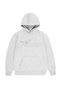 Szara bawełniana bluza z kapturem, z troczkiem, kieszenią z przodu oraz wypukłym logo z napisem "PROSTO". Prosty design i miękka tekstura.