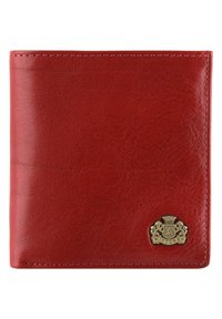 Portafoglio in pelle rossa con finitura testurizzata, ornato da un emblema in oro. Design pieghevole con cuciture visibili lungo i bordi.