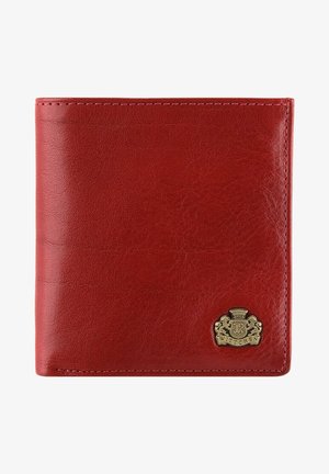 Portefeuille en cuir rouge avec une finition texturée, arborant un emblème en logo doré. Design plié avec des coutures visibles le long des bords.