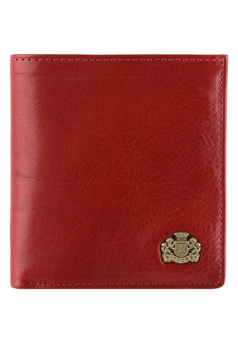 Portafoglio in pelle rossa con finitura testurizzata, ornato da un emblema in oro. Design pieghevole con cuciture visibili lungo i bordi.