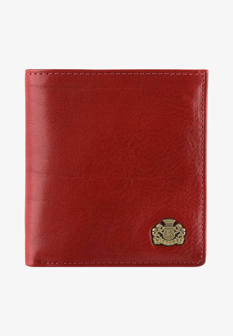 Portafoglio in pelle rossa con finitura testurizzata, ornato da un emblema in oro. Design pieghevole con cuciture visibili lungo i bordi.