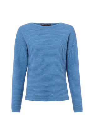 Blauer gerippter Strickpullover mit langen Ärmeln, Rundhalsausschnitt, lockerem Sitz und dezentem horizontalem Strukturmuster.