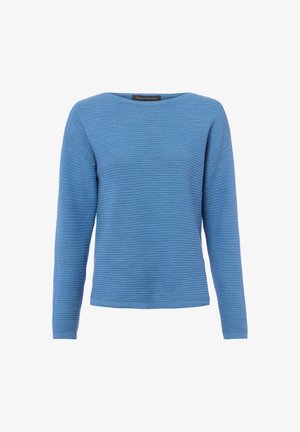 Pull bleu à manches longues en maille côtelée avec encolure ronde, coupe décontractée et motif texturé horizontal subtil.