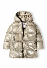 Metaliczna beżowa kurtka puchowa z kapturem, pikowanym wzorem, zamek błyskawiczny z przodu i elastycznymi mankietami. Gładka tekstura z szytymi panelami.