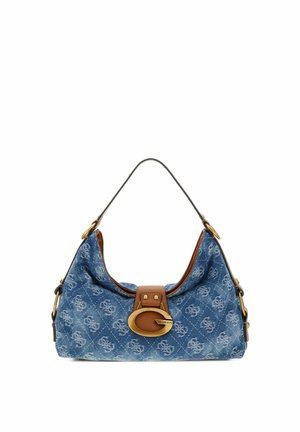 Borsa a tracolla in denim trapuntato blu con motivo leggero, tracolla e rifiniture in pelle marrone e grande fibbia ovale dorata sul davanti.
