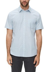 Korte mouwen, lichtblauw overhemd met knopen, voorzien van een klein geometrisch patroon en een borstzak. Gemaakt van zachte, ademende stof.