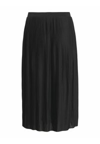 Jupe plissée noire avec une taille lisse. Présente des plis verticaux et une longueur midi, fabriquée en tissu léger pour une apparence fluide.