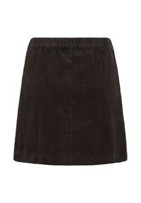 Jupe en velours côtelé marron avec une surface texturée, dotée d'une taille élastique et d'un design évasé, tombant au-dessus du genou.