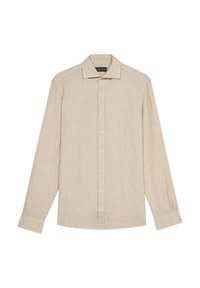 Camicia beige a maniche lunghe con bottoni realizzata in tessuto strutturato. Presenta un colletto classico e chiusura frontale con bottoni.