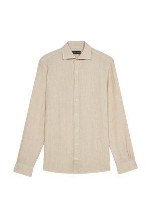 Beige langemouwen knoopshirt van textuurstof. Heeft een klassieke kraag en een knoopsluiting aan de voorkant.
