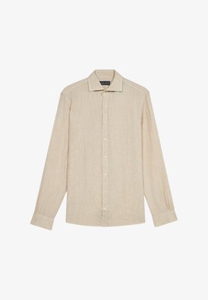 Beige Langarm-Hemd mit Knopfverschluss aus strukturiertem Stoff. Verfügt über einen klassischen Kragen und eine Vorderseite mit Knopfverschluss.