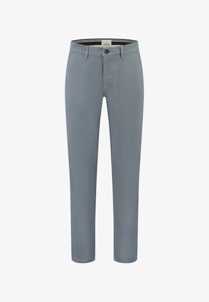 Šedé bavlněné kalhoty s rovnými nohavicemi, vybavené předním zapínáním na knoflík a poutky na opasek. Hladká textura bez viditelných vzorů.