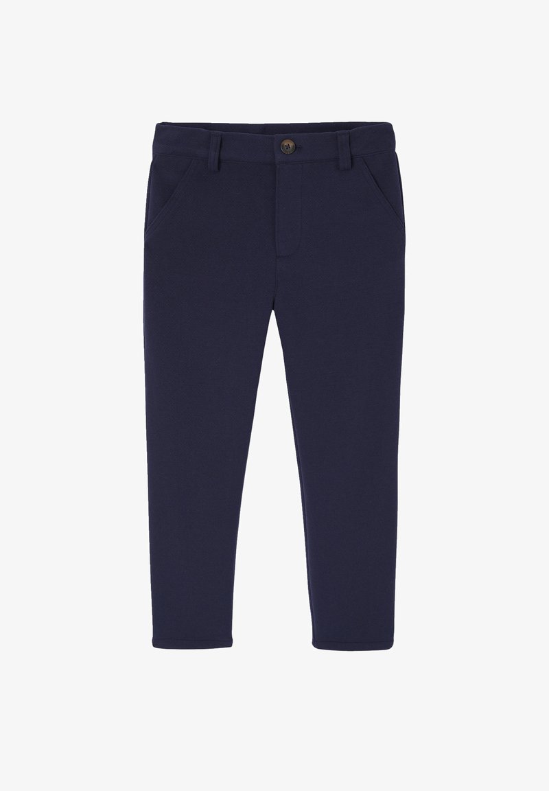 Marineblaue Hosen aus gewebtem Stoff, mit einem Knopfverschluss, zwei Vorder- taschen und einem schmalen Schnitt. Glatte Textur ohne Muster.